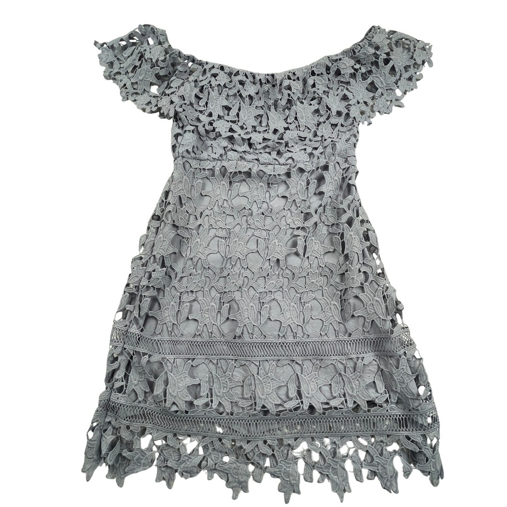 ASTR The Label Lace Off‎ The Shoulder Mini Dress M Lilac Crochet Wedding Guest